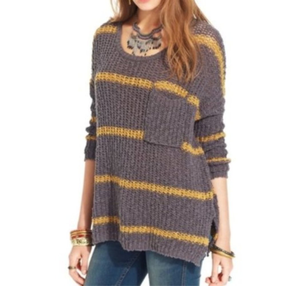 Grey and Yellow Striped Free People Sweater
